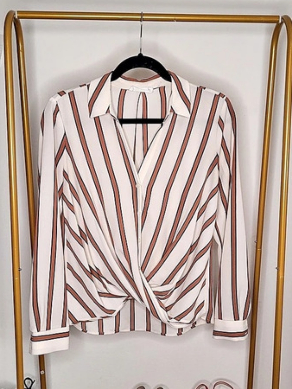 All in Favor Striped Wrap Blouse in White & Brown Size Small